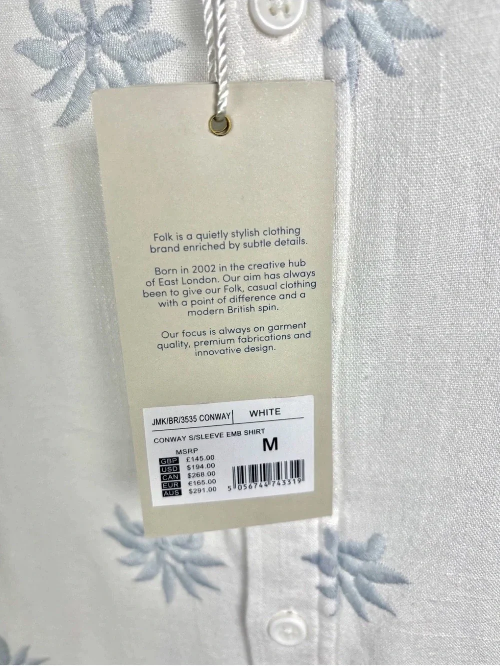 NWT Folk Conway Short Sleeve White Blue Leaf Palm Linen Shirt Medium - Picture 5 of 6